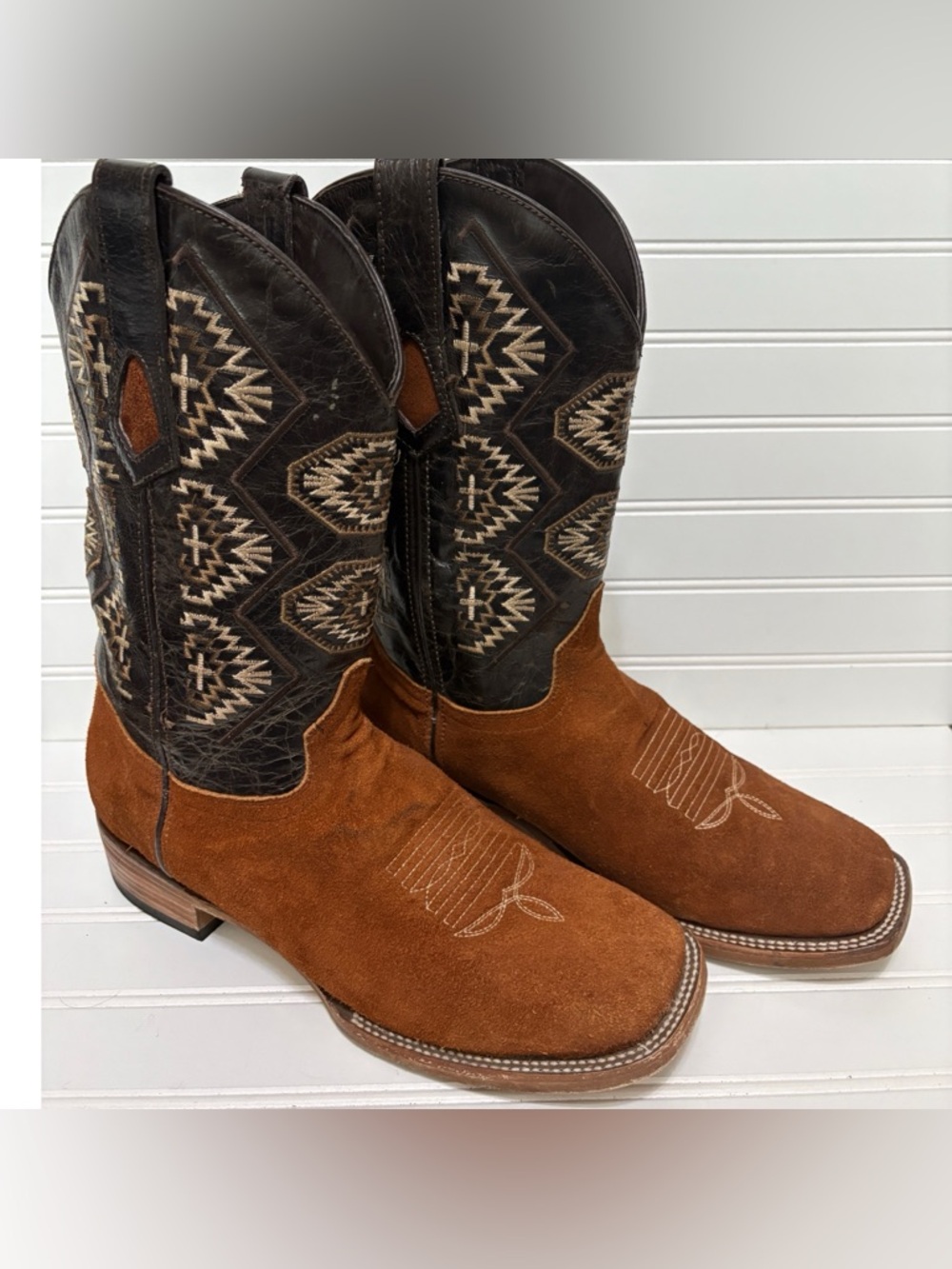 HOMETOWN Crazy Cafe Brown Suede Leather Square Toe Cowboy Boots Mens Size 11